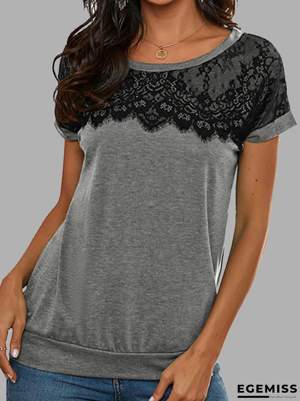 Casual Solid Color Round Neck Short Sleeve Lace Panel T-Shirt | EGEMISS