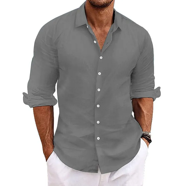 Men's Casual Solid Color Cotton Linen Long Sleeve Lapel Shirt 72929978M