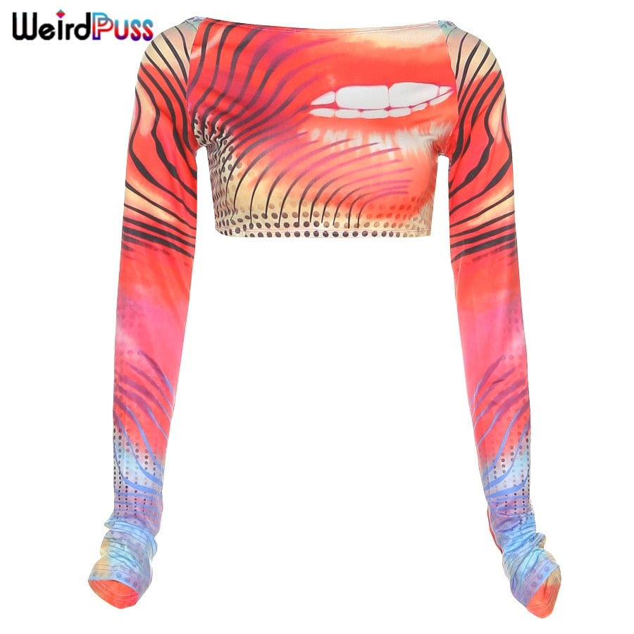 Weird Puss Y2K Colorful Print Crop Tops Women Sexy Backless Long Sleeve T-Shirts Hipster Skinny Hip Hop Tees Autumn Streetwear