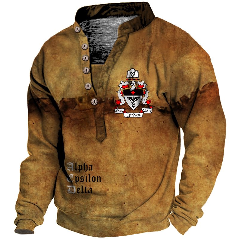 Men's Outdoor Vintage Printed Long Sleeve Henley T-shirt