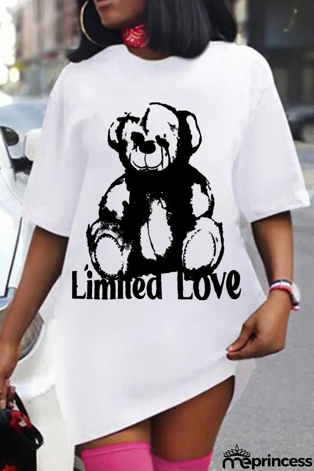 White Casual Print Letter O Neck Straight Dresses