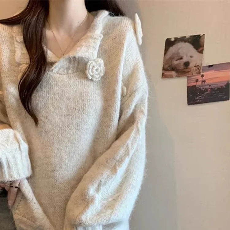 Athvotar Athvotar Gentle Wind Flower Design Set Sweater Women's Autumn And Winter New Lazy Wind Loose Knitted Shirt Top