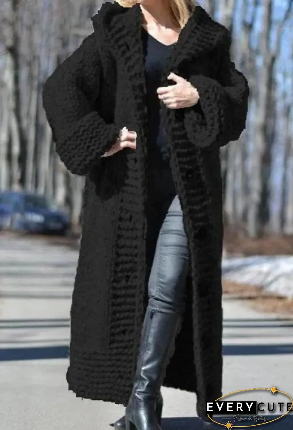 Chunky Knit Long Hooded Cardigan