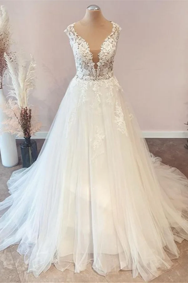 Sweetheart Floral Lace Floor-length A-Line Wedding Dress With Tulle Ruffles