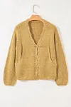 Women's Elegant Lantern Sleeve Scallop V Neck Buttoned Front Cropped Cardigan