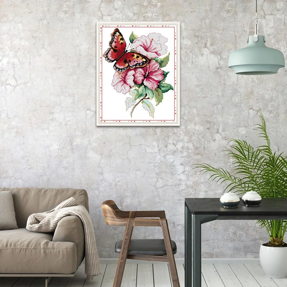 14ct Stamped Cross Stitch - Butterfly Flower(28*35cm)