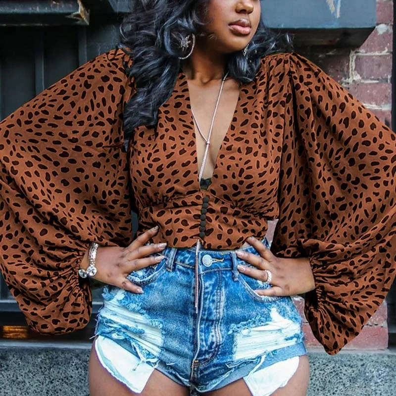 Sexy Deep V Batwing Sleeve Leopard Top