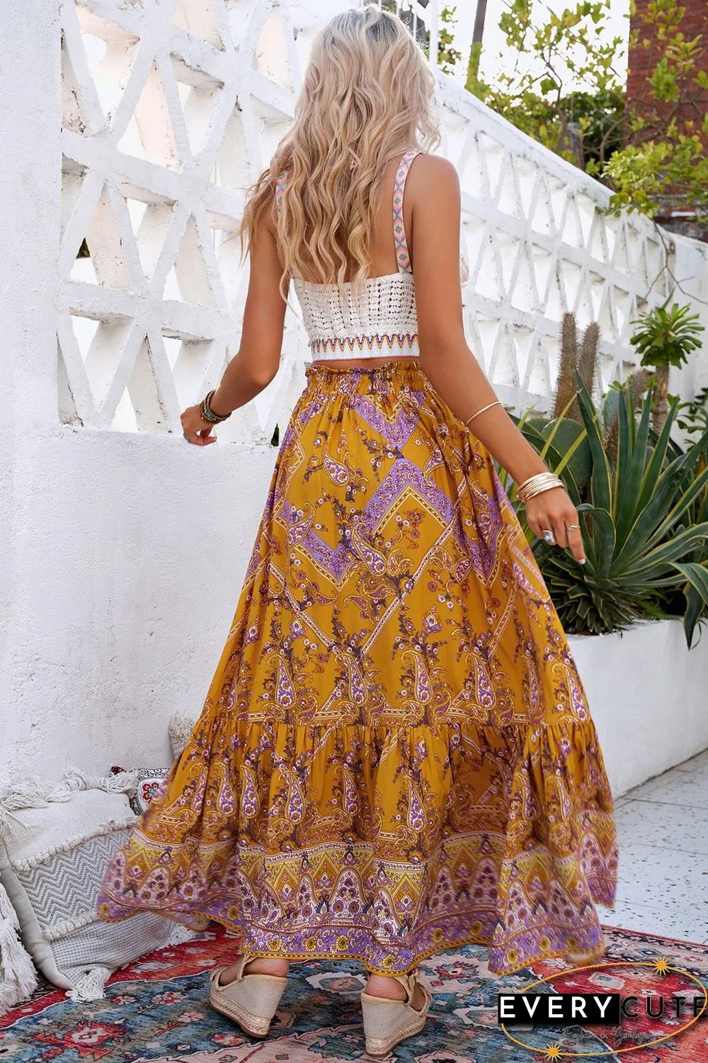 Orange Boho Floral Print Ruffled Elastic High Waist Maxi Skirt
