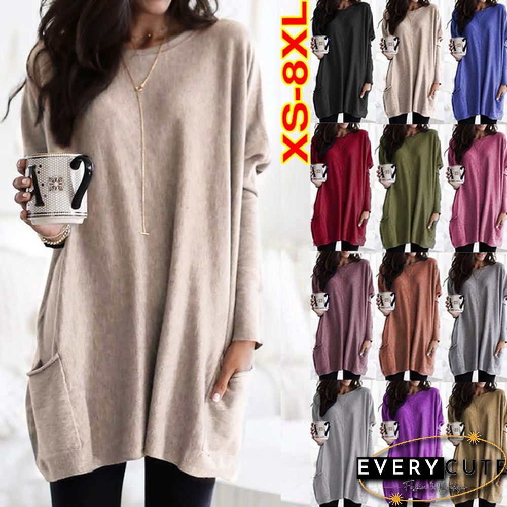 Plus Size Womens Autumn & Winter Casual Top Loose Pocket T-Shirt Long Sleeve Bat Blouse