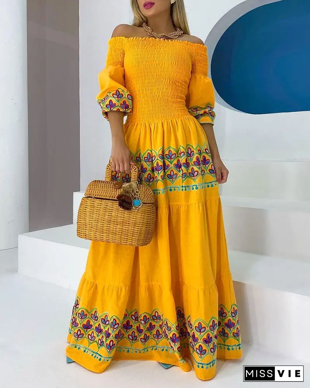 Off Shoulder Lantern Sleeve Shirred Floral Print Dress