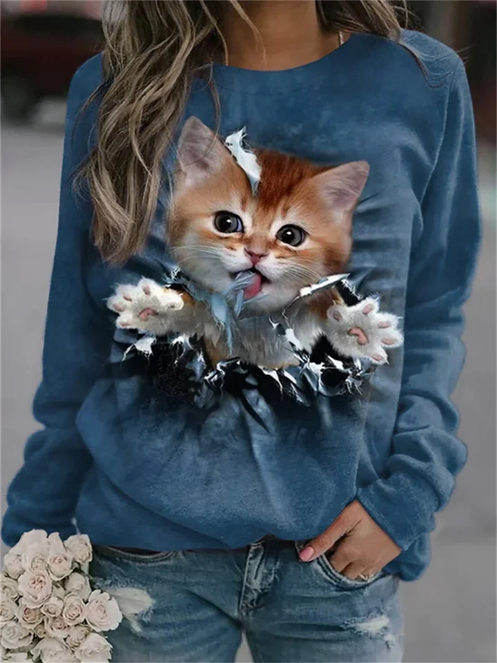 Women's Spring Casual Animal Cat Print Long Sleeve Round Neck Sweatshirt-Cosfine