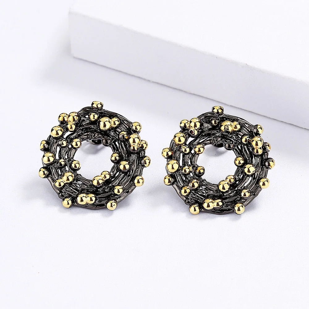 Exquisite Rice Beads Handmade Earrings Black Gold Earrings Circle Geometric Black Gold Earrings Party Cocktail Party Jewelry