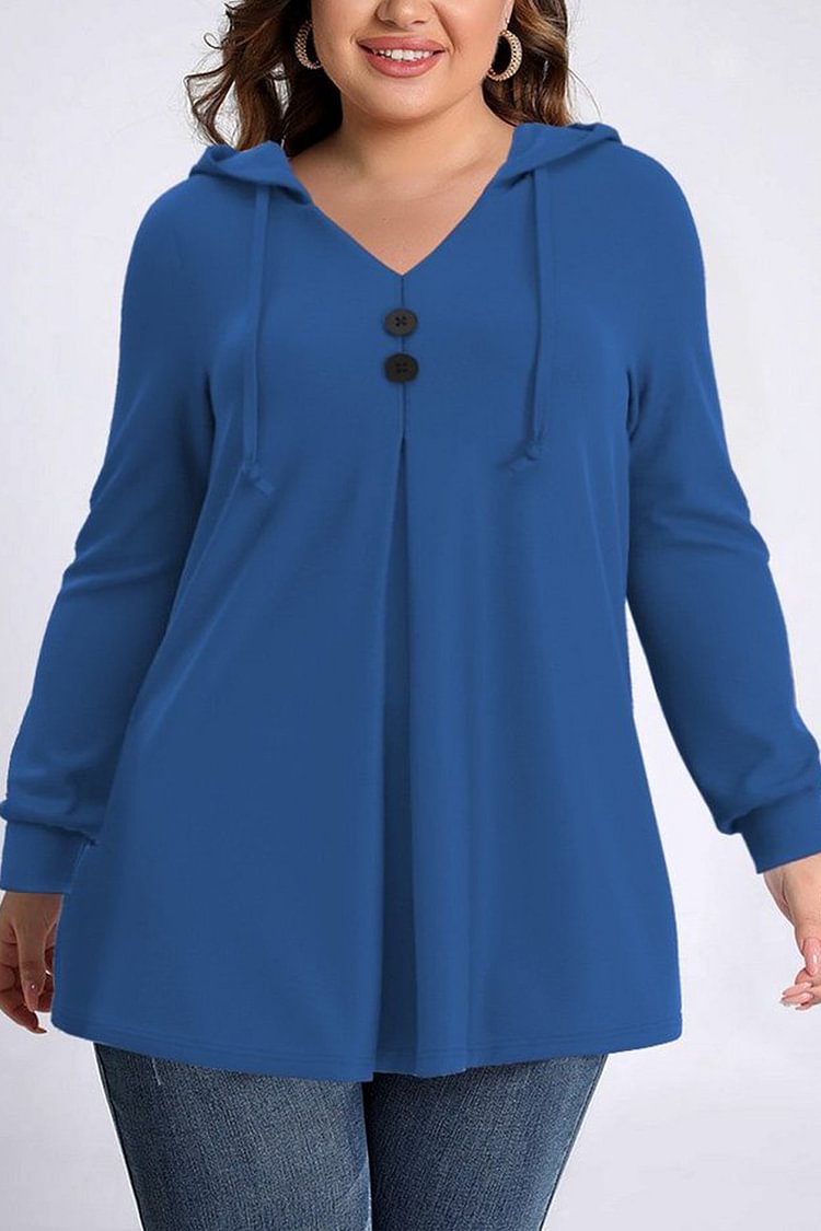 Flycurvy Plus Size Casual Navy Blue Pleated Button Threaded Sleeve Hoodie  Flycurvy [product_label]