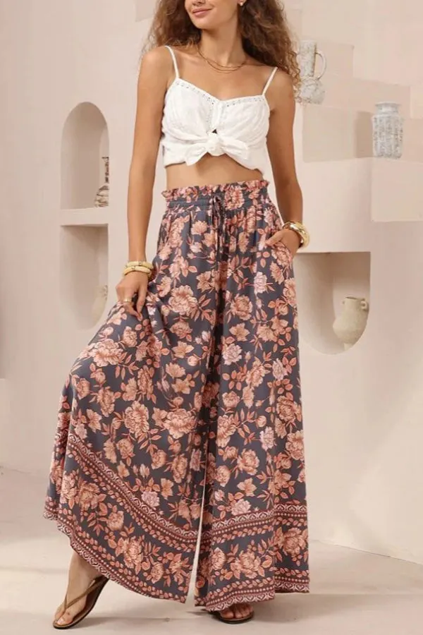 Floral Print Casual Elastic Wst Pocket Loose Wide-leg Pants