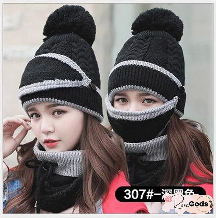 Winter Beanie Hat Scarf and Wind Proof Set 3 Pieces Thick Warm Knit Cap For Women