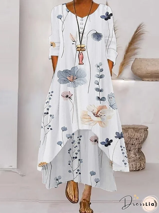 Long Dress Maxi Dress Casual Dress Print Dress Spring√Ç¬†Dress Floral Fashion Streetwear Outdoor Daily Going out Button Pocket 3/4 Length Sleeve Crew Neck Dress Regular Fit White Blue Green for Women
