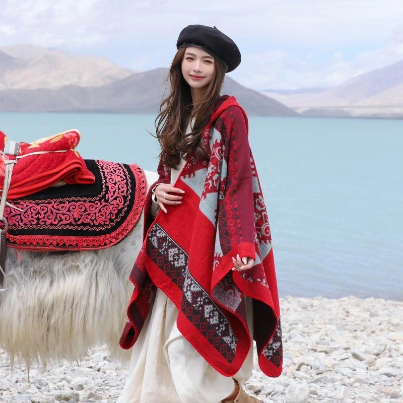 Ethnic Style Hooded Shawl Cloak Lijiang Xinjiang Tibet Northwest Tourism Wear Photograph Warm Outer Cape