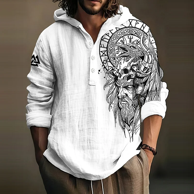 Vintage Viking Graphic Men's Linen Hooded Shirt