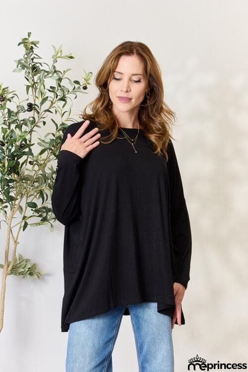 Zenana Full Size Round Neck Long Sleeve Top with Pocket