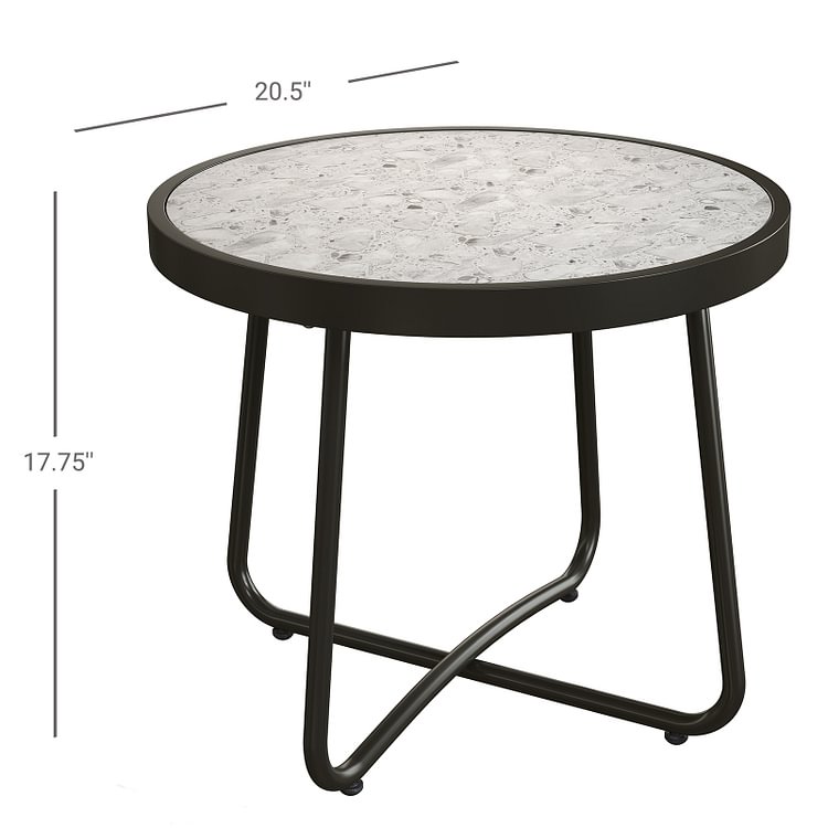 Steel Patio Side Table, Weather Resistant Outdoor Round End Table (Creamy White Ceramic Tile)
