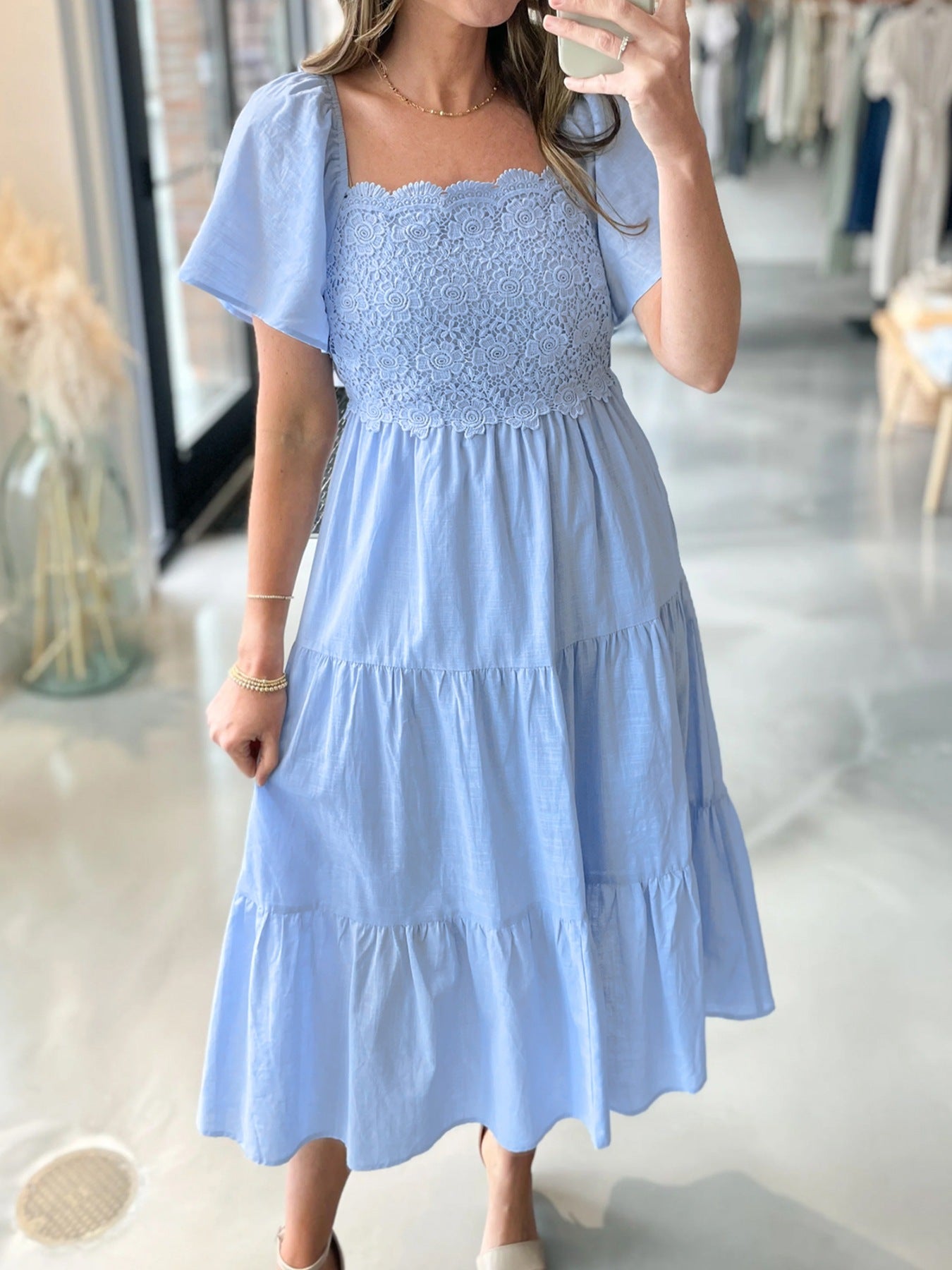 Lace Short Sleeve Tiered Midi Dress mysite idetrend