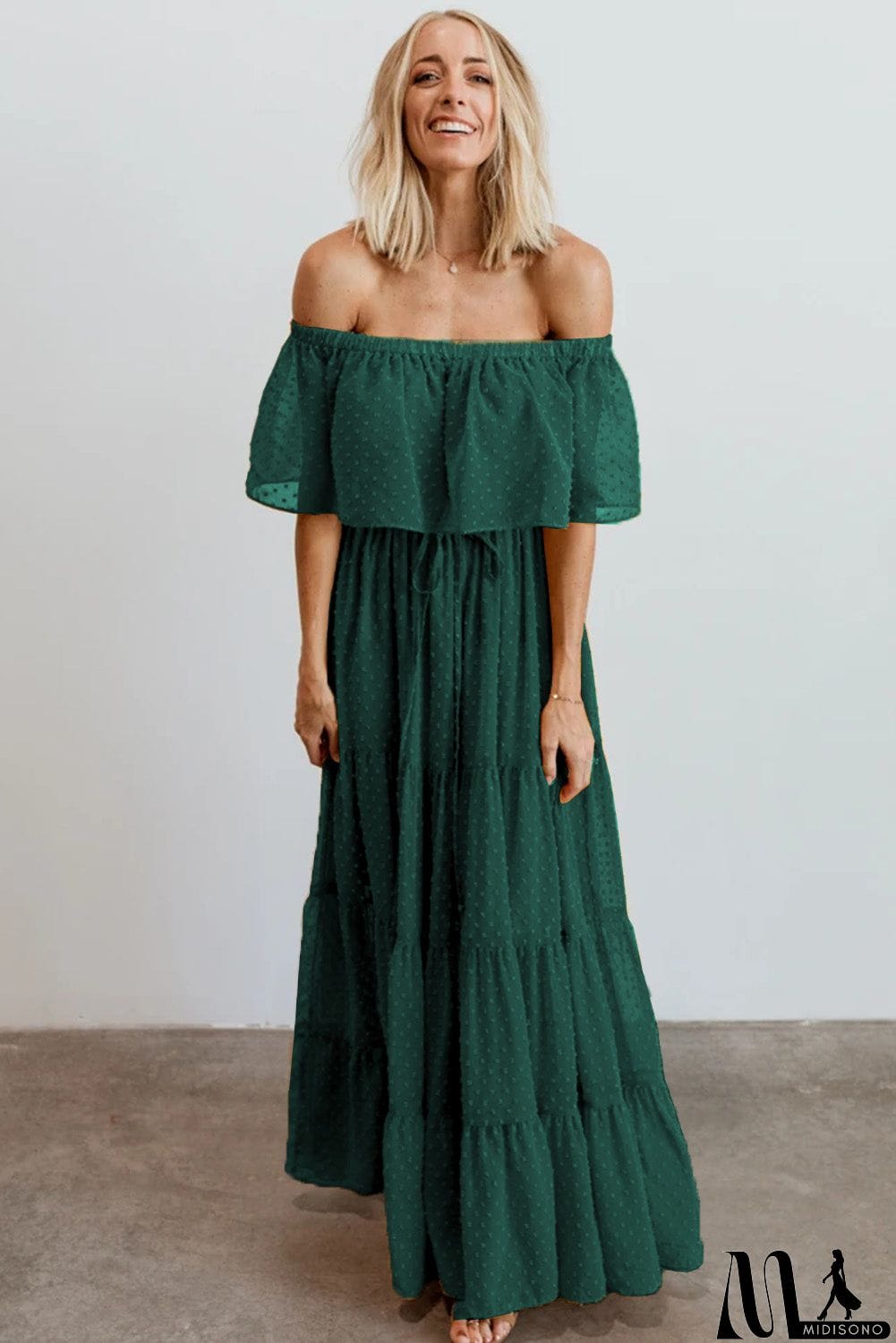 MidiSono - Rust Red Off Shoulder Ruffle Swiss Dot Maxi Dress