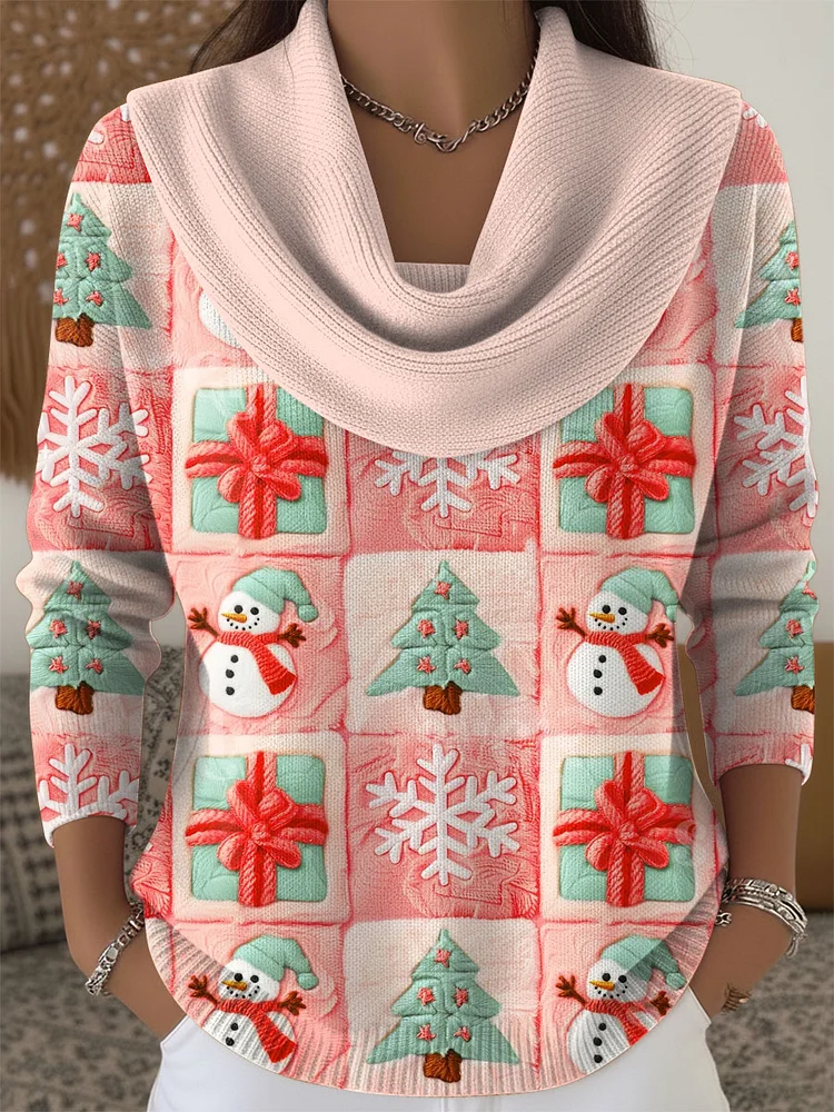 Women's Christmas Pattern Print Cowl Neck Sweater