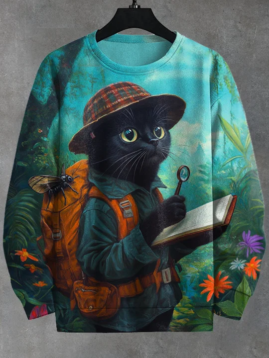 Men's Outdoor Black Cat Hiking Print Casual Sweatshirt