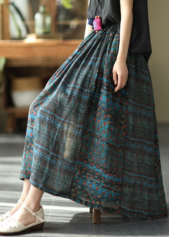 VCSHOES Blue Elastic Waist Print Patchwork Linen Skirts Summer
