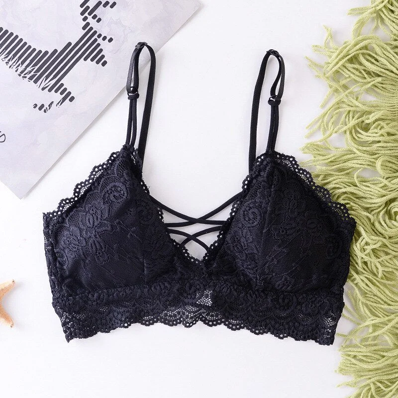 Sexy thin French lace wireless triangle cup ladies underwear soft bra deep seamless underwear V babes