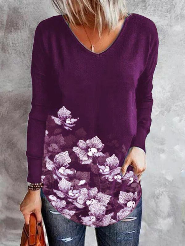 Women Long Sleeve V-neck Floral Printed Graphic Top