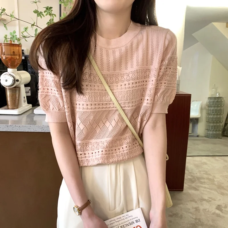 Uveng Uveng Version Of Chic Summer Sweet Round Collar Hooded T-Shirt Design Hollow Flowers Thin Knitted Shirt Woman