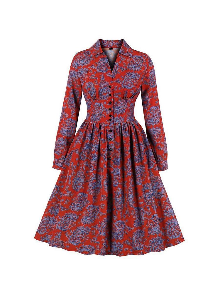 Mayoulove 1960s Swing Dress Long Sleeve Lapel Print Waisted Knee-length Dress-Mayoulove