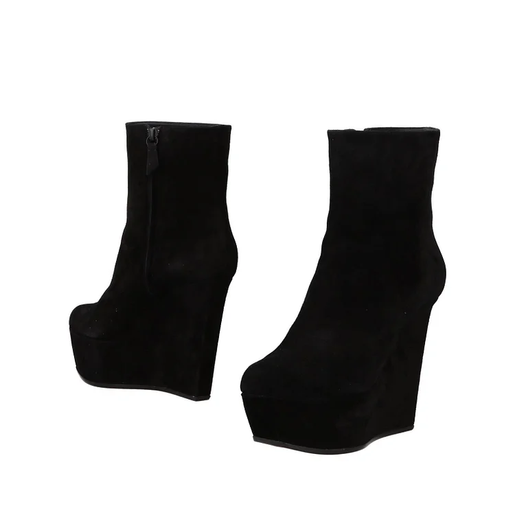 Black Vegan Suede Platform Ankle Boots Wedge Booties with Zipper |FSJ Shoes