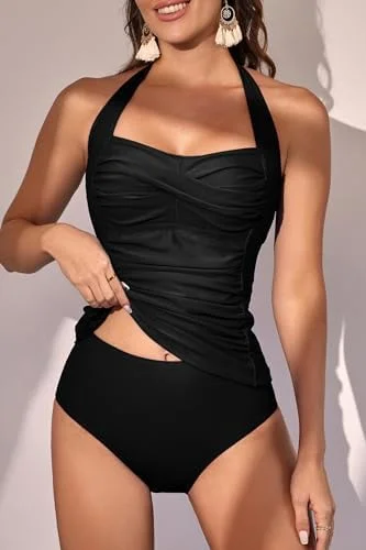 Womens Halter Ruched Tummy Control Two Piece Tankini 