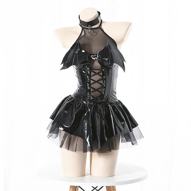 Halter Lace Up Little Demon PU Lingerie Set - Modakawa modakawa