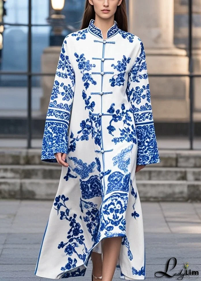 Boutique Blue Print Chinese Button Oriental Dress Fall