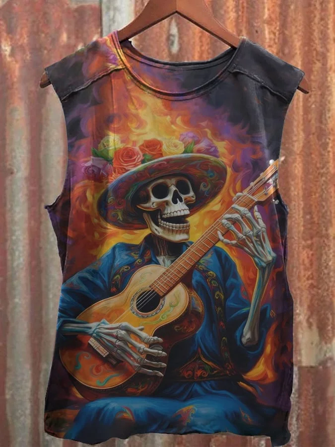 Unisex Vintage Day of the Dead Guitar Player Print Casual Vest