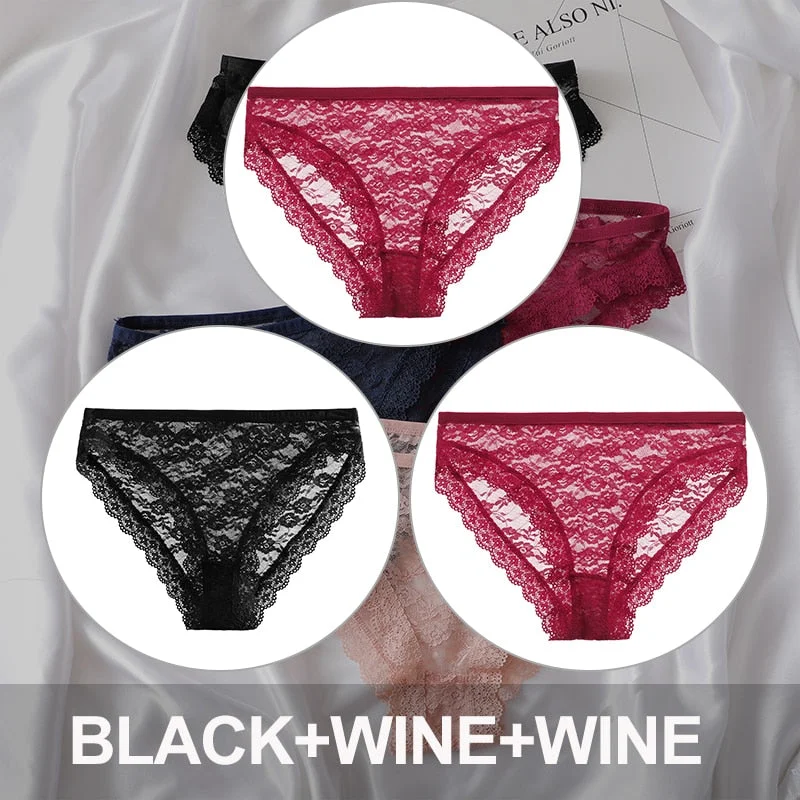 FINETOO 3PCS/Set Floral Lace Sexy Women Lingerie Panties M-2XL Plus Size Underpants Transparent Female Comfortable Briefs Girls