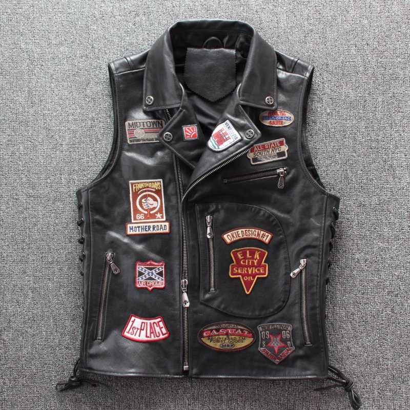 Vintage Cowhide Embroidered Multi-label Harley Motorcycle Riding Vest