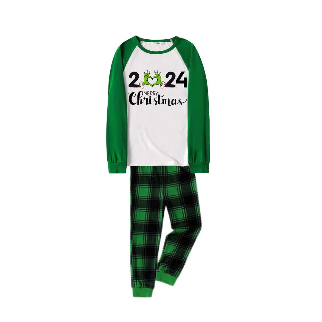 2024 Merry Christmas Text Print Long Sleeve Top With Green & Black Plaid Christmas Matching Pajamas