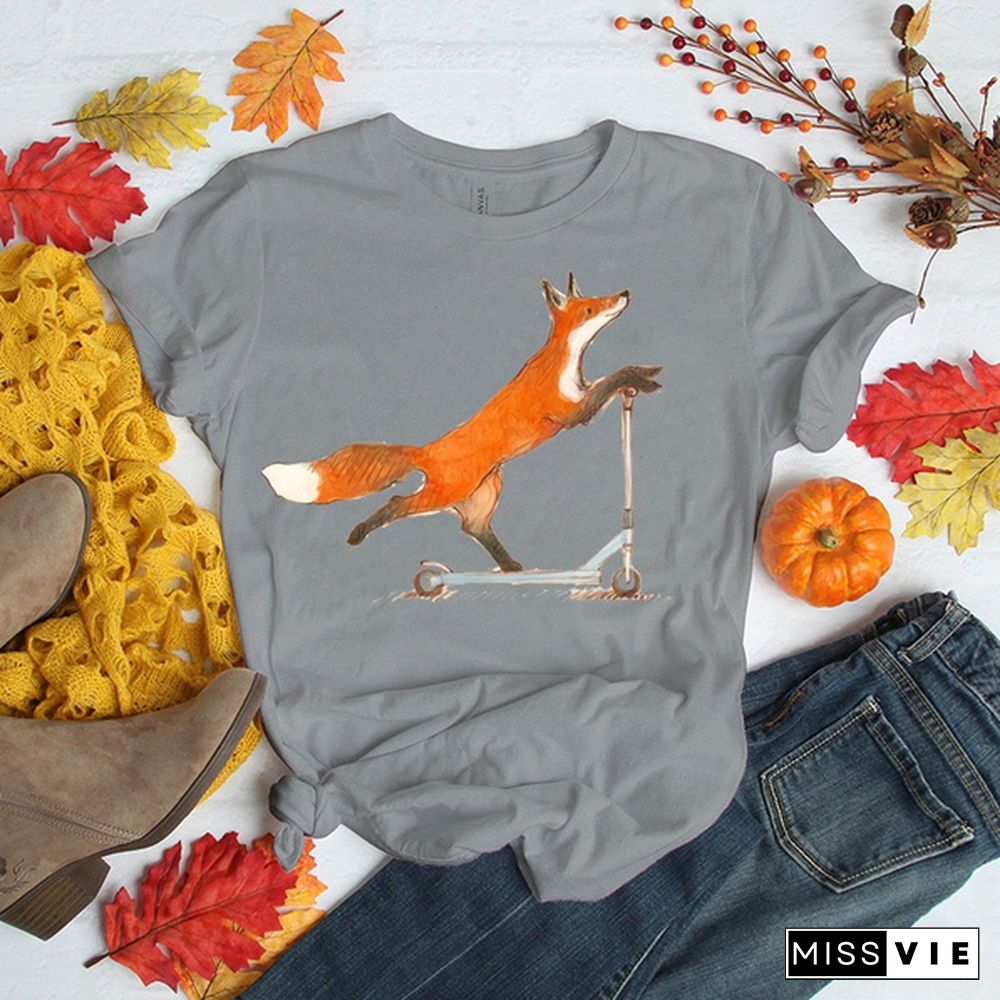 Cute Fox T-shirts For Women Summer Lovely Short Sleeve Casual T-shirts Funny Ladies Round Neck Tops