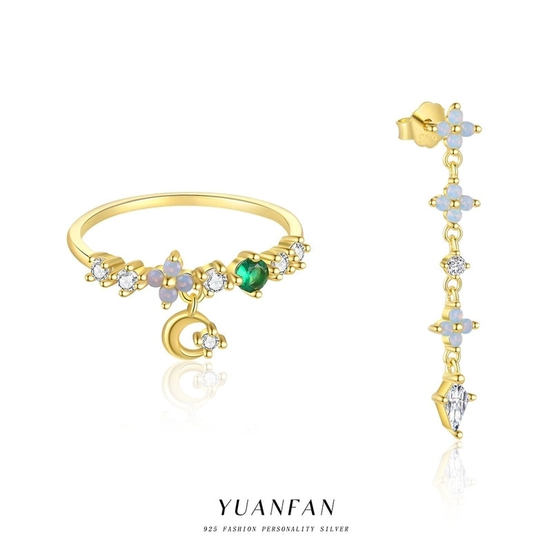 S925 Sterling Silver Long Tassel Flowers Color Zirconium Stud Earrings For Women Niche Design French Fashion Ring Suit