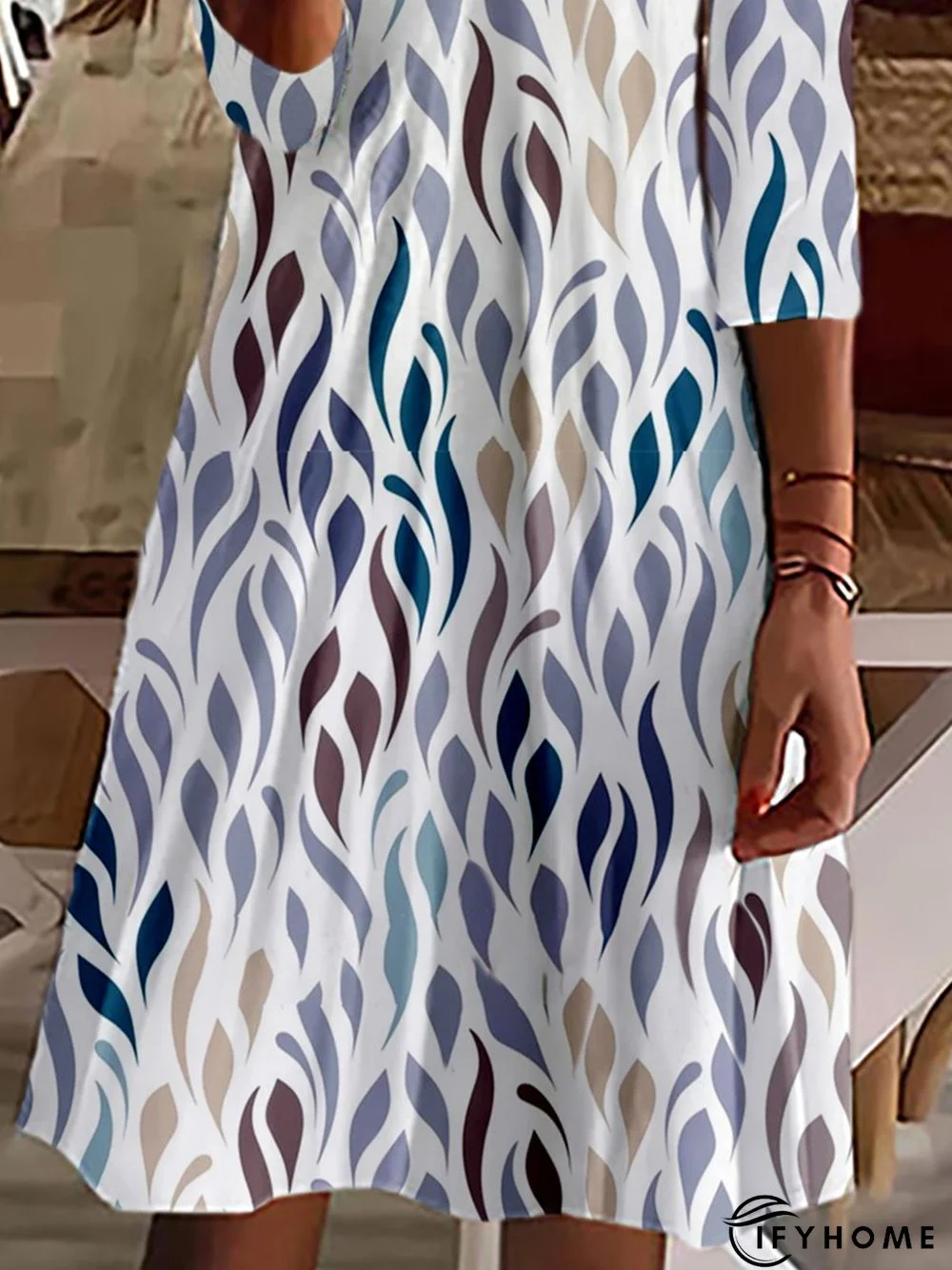 Geometric Casual Autumn V neck Micro-Elasticity Daily Loose Best Sell T-Shirt Dress Dress for Women | IFYHOME