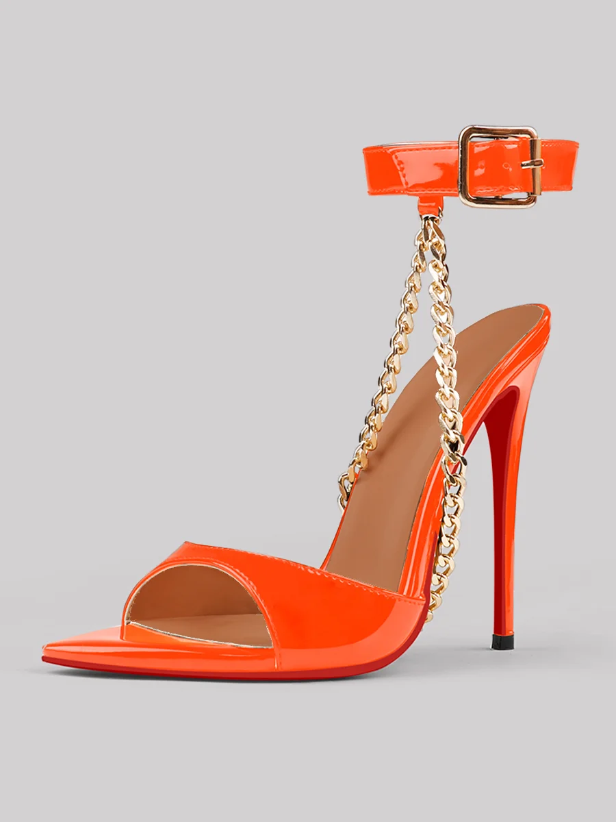 120mm Women's Open Toe Sandals Stiletto Red Bottom High Heels Ankle Chain Mules Patent Shoes