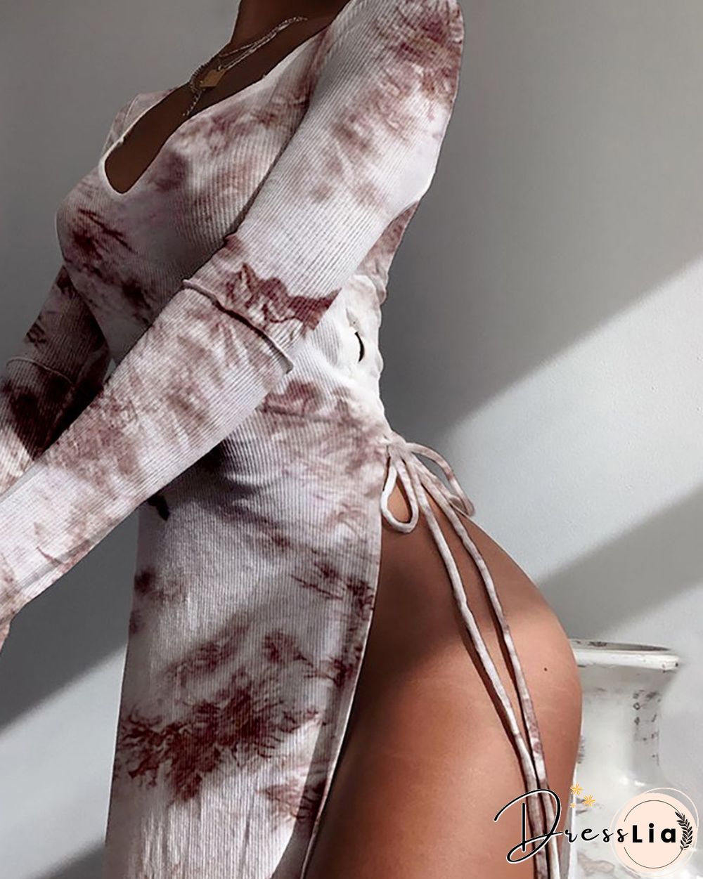 Tie Dye Print Side Slit Lace-up Ribbed Long Sleeve Dress