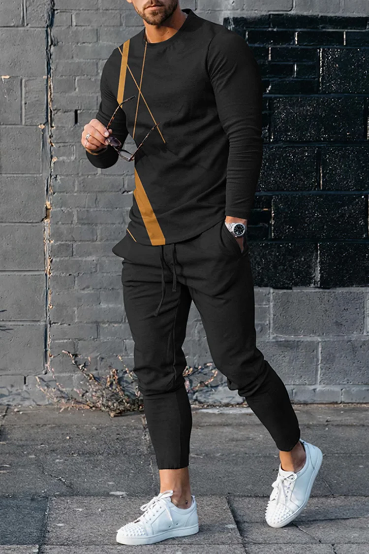 Men's Striped Splicing Long Sleeve T-Shirt And Pants Co-Ord