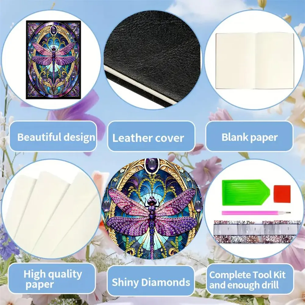 Dragonfly 5D DIY Diamond Art Painting Notebook Kit (50 Pages A5 No Lines) Rhinestone Art Painting Notebook Kit for Adults Beginners Holiday Birthday Gift
