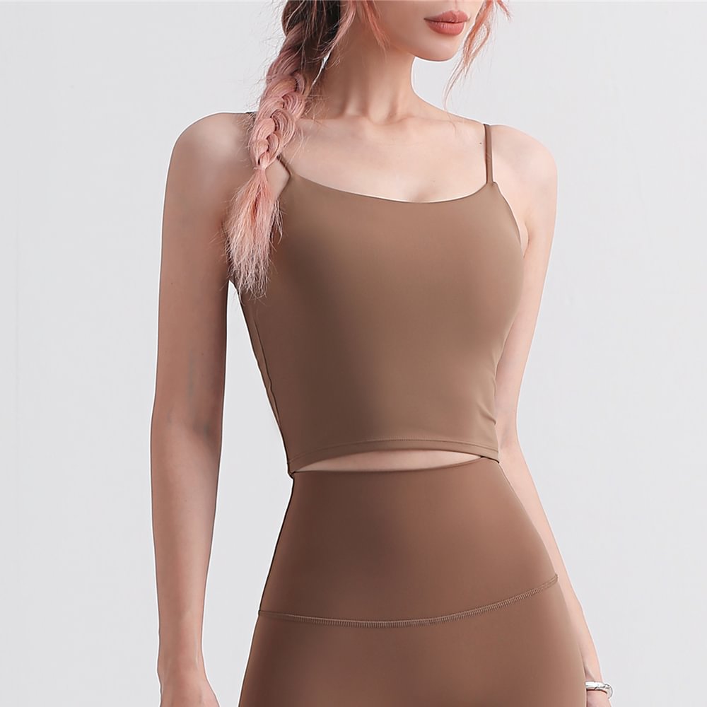 Buy Hergymclothing Deep Khaki open back thin straps lycra camisole sports bra vest with removable pads online