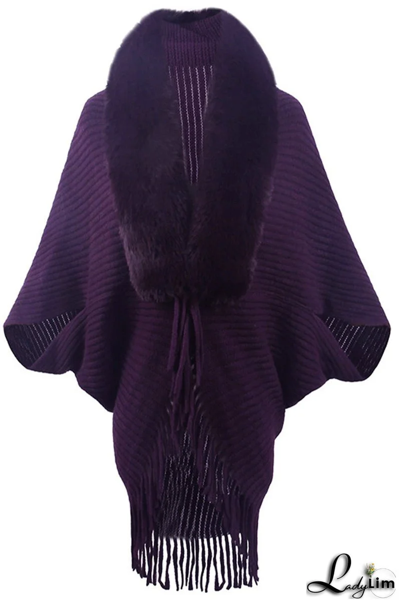 Fur Collar Fringed Knit Shawl Sweater